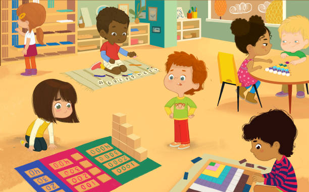 Montessori Class with golden materials. Multicultural boys and girls learning Maths through play Decanomial Square, Bead Cabinet, Dynamic Subtraction, Girl sit along and do multiplication with Beads.